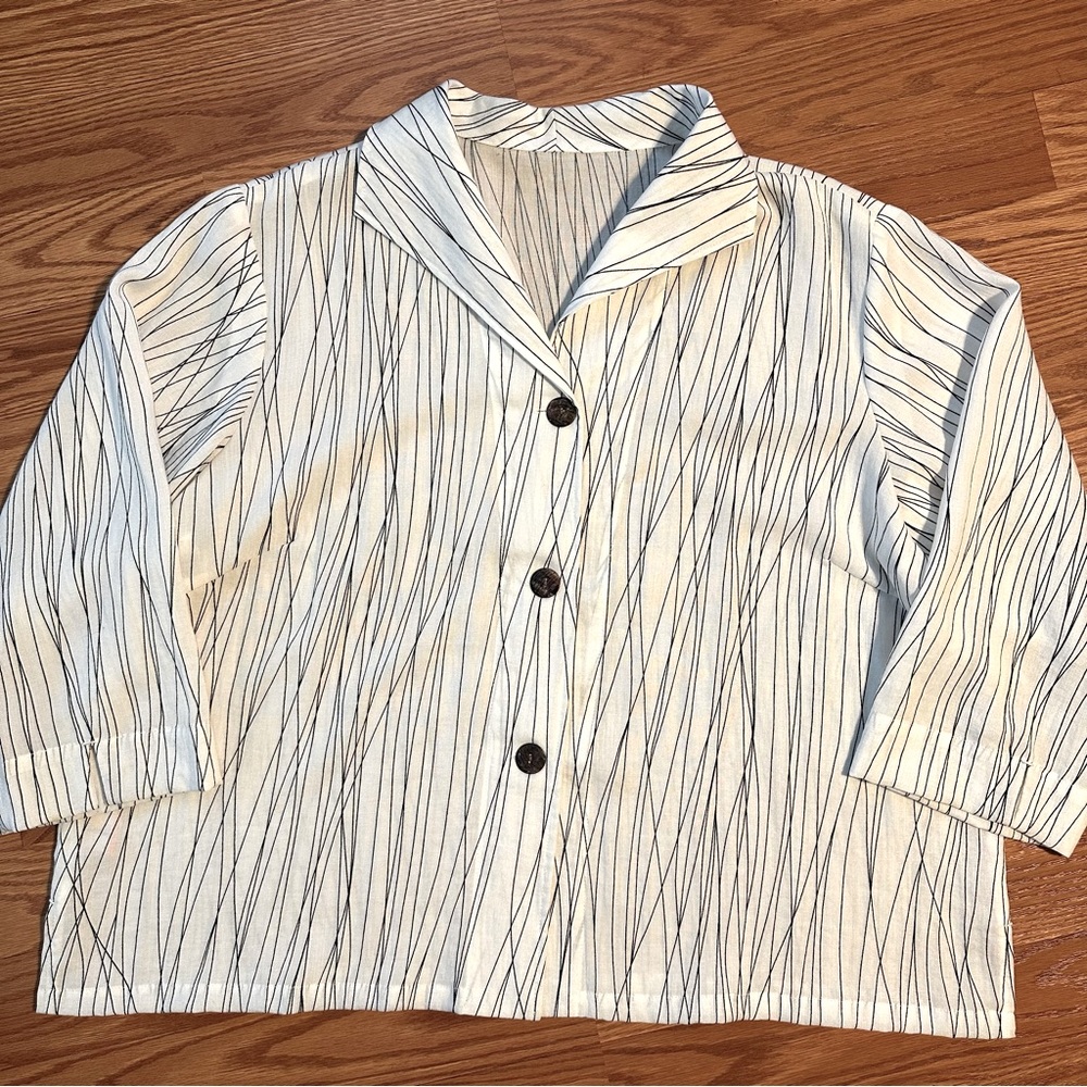 Fridaze Linen white and black Striped Button-Up Shirt jacket size 1X